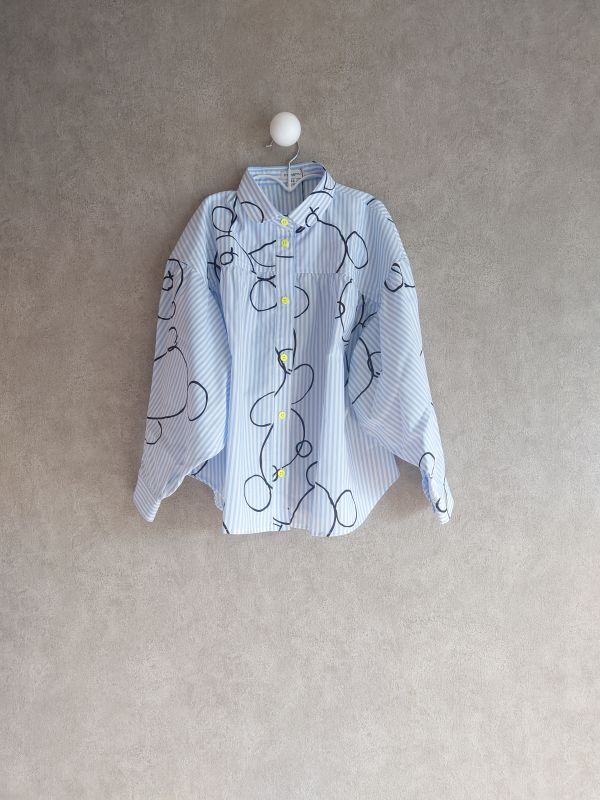 franky grow BEAR GATHERED OVERSHIRT ブルーSTRIPE　キッズ・レディースサイズ