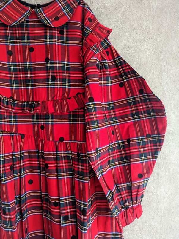 franky grow DOTS TARTAN CHECKED FRILL BIB YORK DRESS レッド